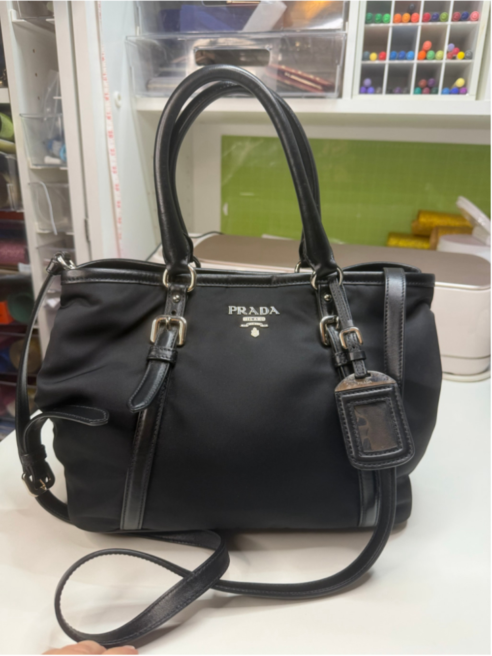 Women's Prada Nylon Satchel Bag One Size Black Silver